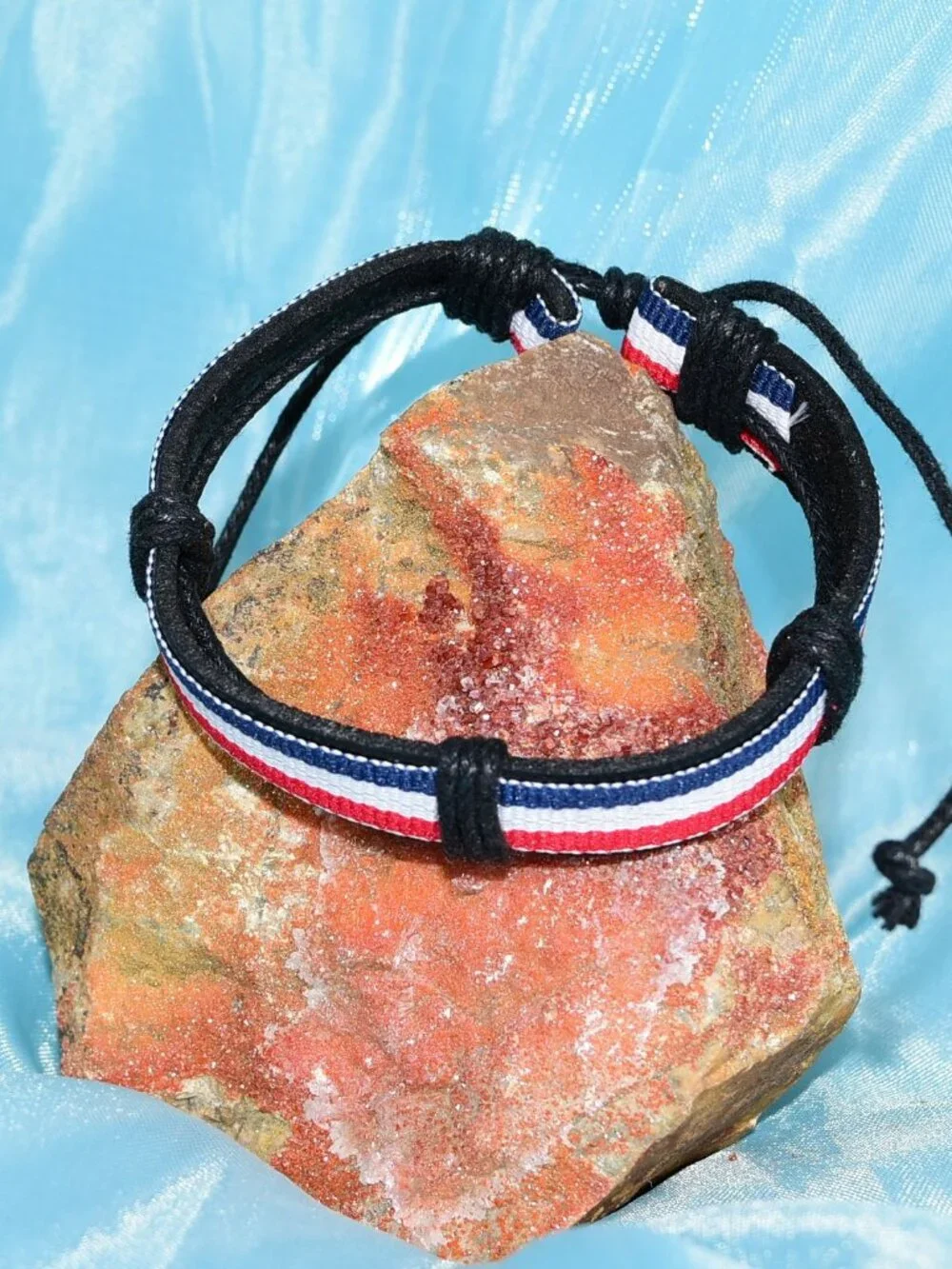 Rey Ribbon Slide Tie Leather Bracelet Red White Blue Stripe Mens Gift Boxed